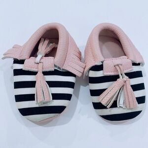 Baby girl shoes moccasins size 3 pink with black white stripes